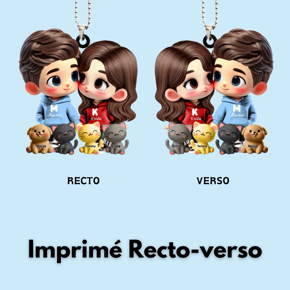 Pendentif de voiture personnalisé avec couple cartoon et animaux de compagnie – Cadeau pour couple