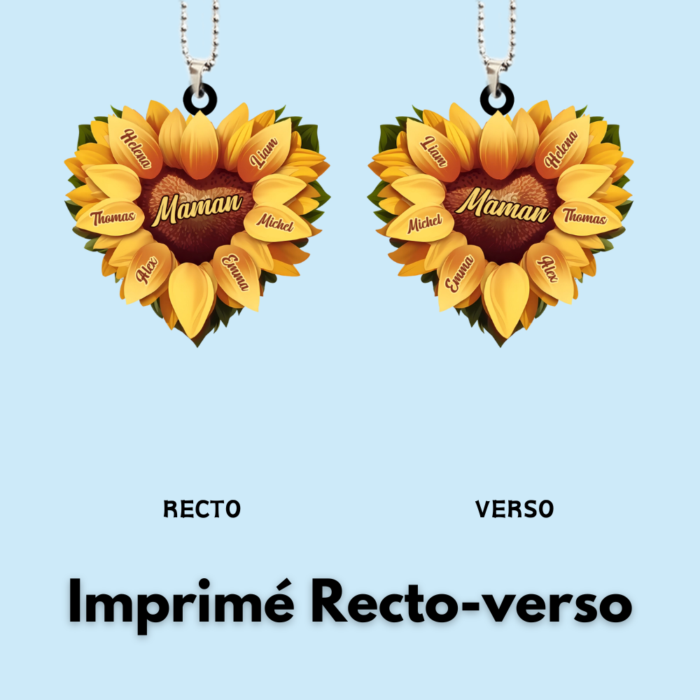 Pendentif personnalisé en forme de cœur avec tournesol et prénom