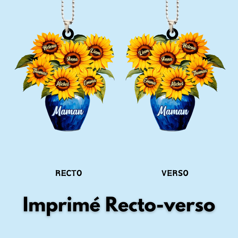 Pendentif personnalisé avec tournesols et vase pour maman et mamie