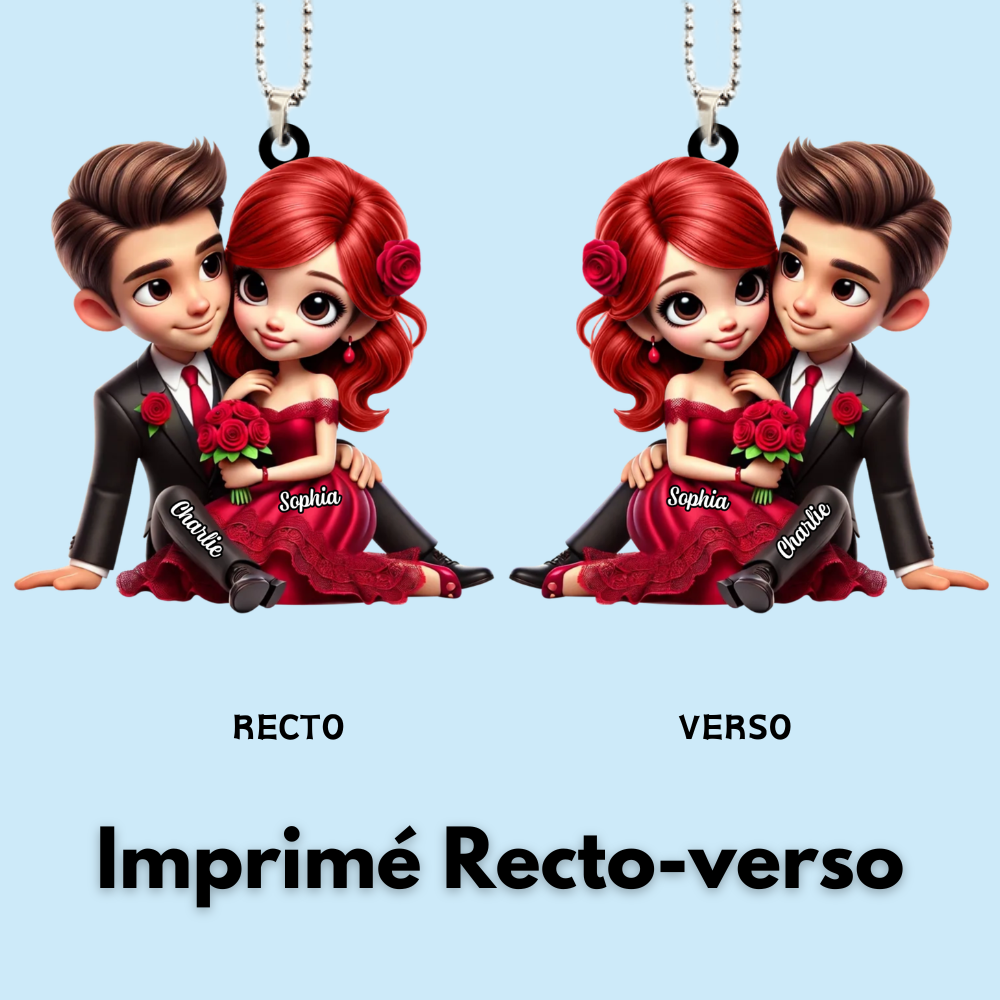 Couple avec bouquet de roses – Pendentif en acrylique personnalisé, cadeau pour couple