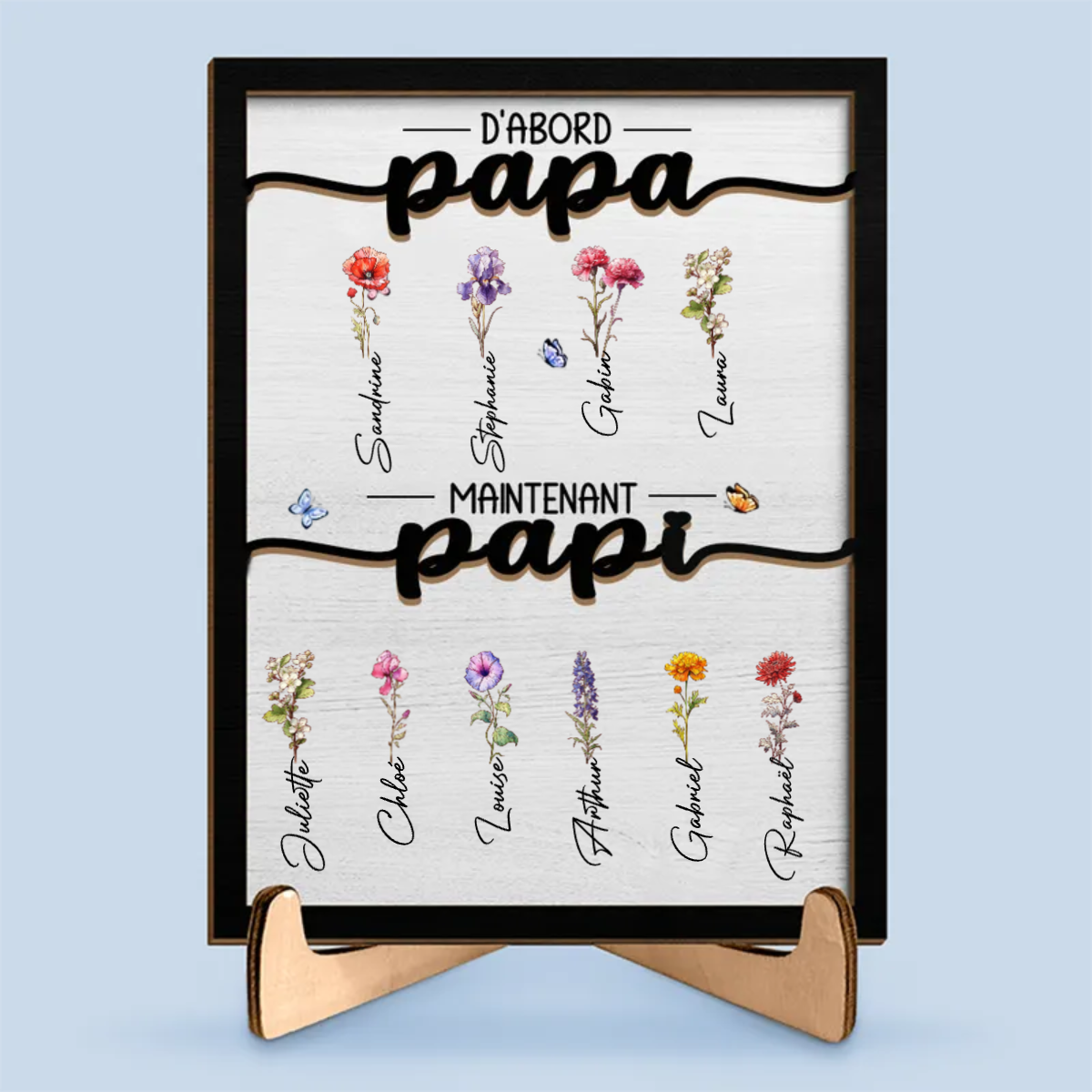 D'abord papa, maintenant Papie Plaque en bois avec fleurs de naissance