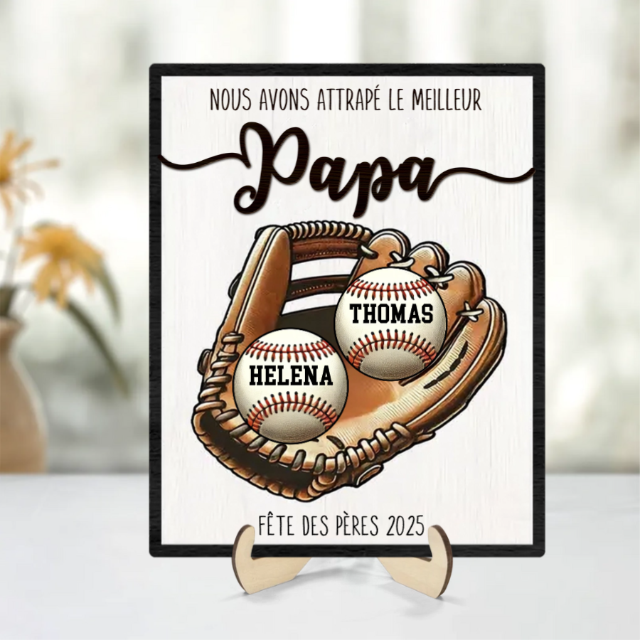 Attrapé... - Plaque en bois personnalisée avec des balles de baseball