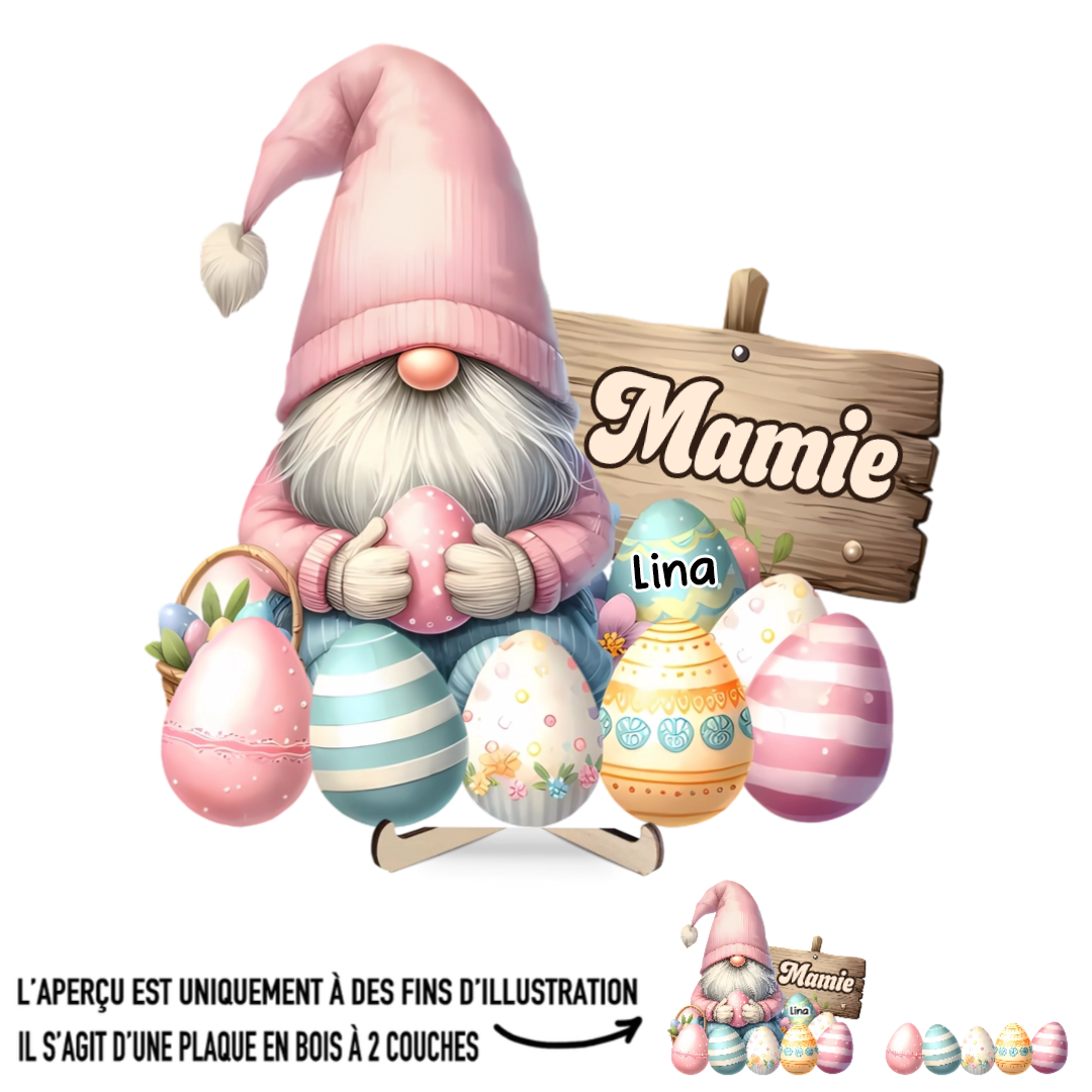 Plaque en bois personnalisée avec des nains et des œufs de Pâques – Cadeau de Pâques pour Mamie
