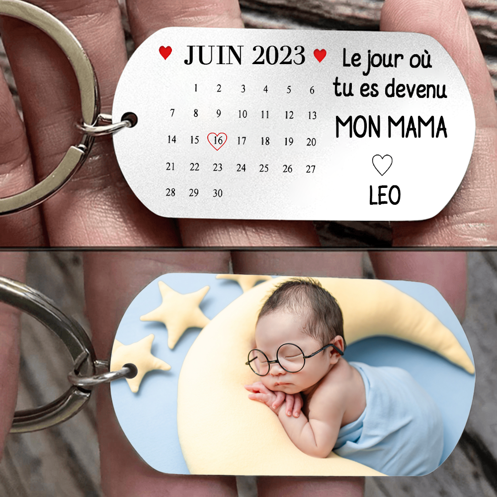 Porte-clés photo en acier inoxydable avec date et nom