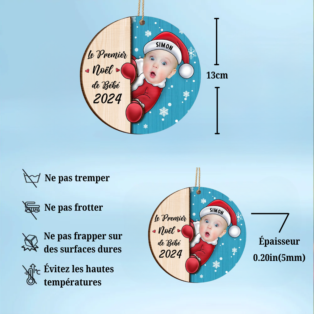 Bébé Premier Noël- Photo Pendentif de Noël en bois