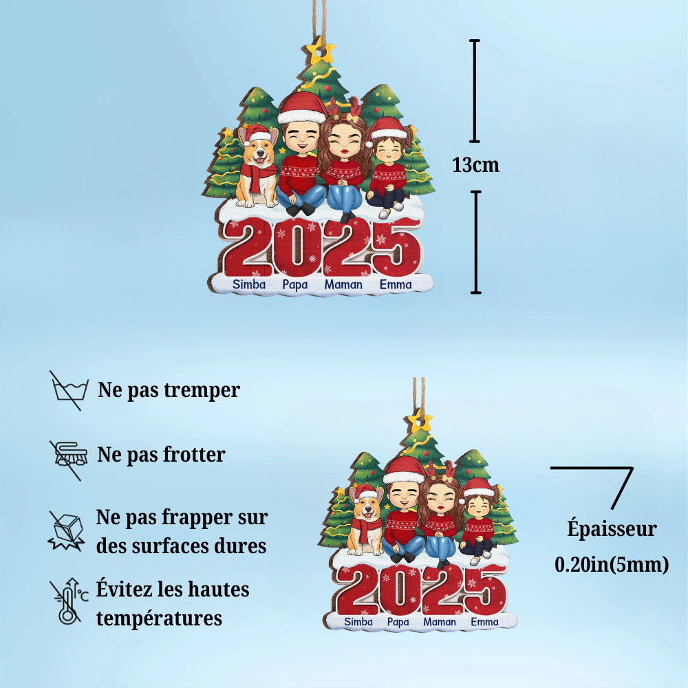 2025 Famille - Orement en bois personnalisé Décoration de Noël avec parents, enfants, chien et chat