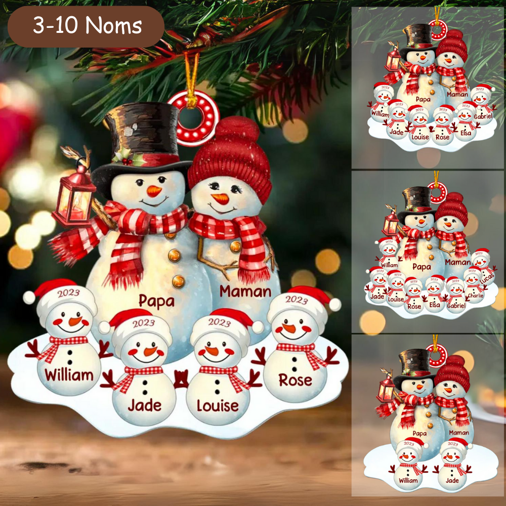 Ornement De Noël Personnalisé Famille Bonhomme De Neige - Boule De Noël En Céramique Avec Prénoms - Décoration De Sapin Cadeau Personnalisé