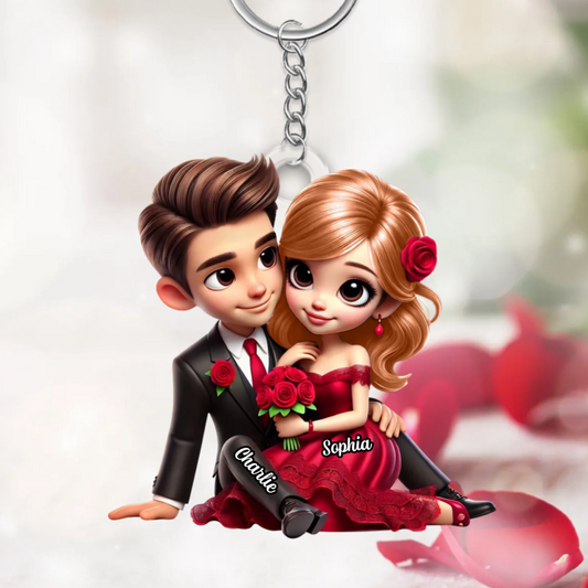 Couple avec bouquet de roses – Porte-clé en acrylique personnalisé, cadeau pour couple