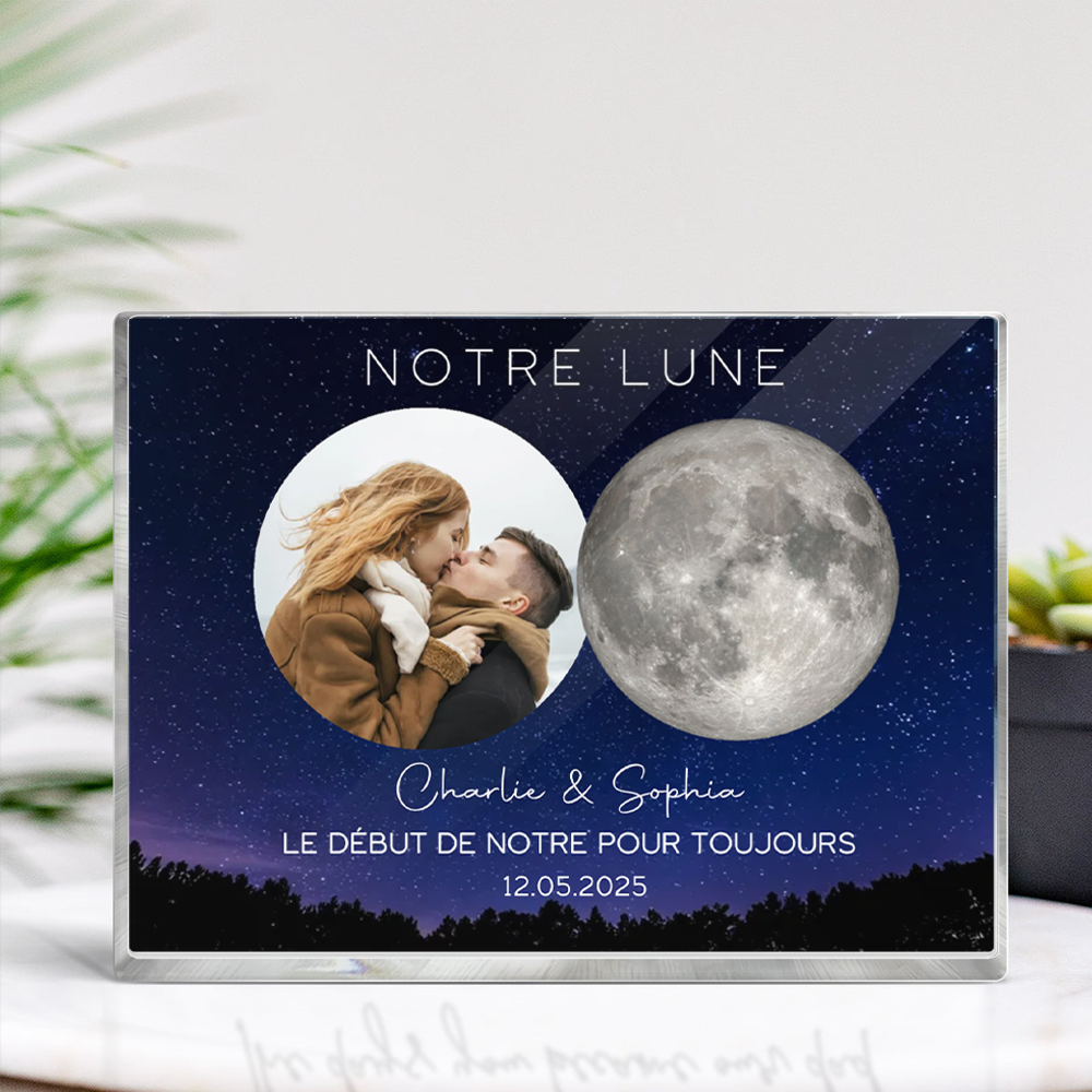 Notre bloc acrylique personnalisé avec phase lunaire et photo, cadeau pour couple
