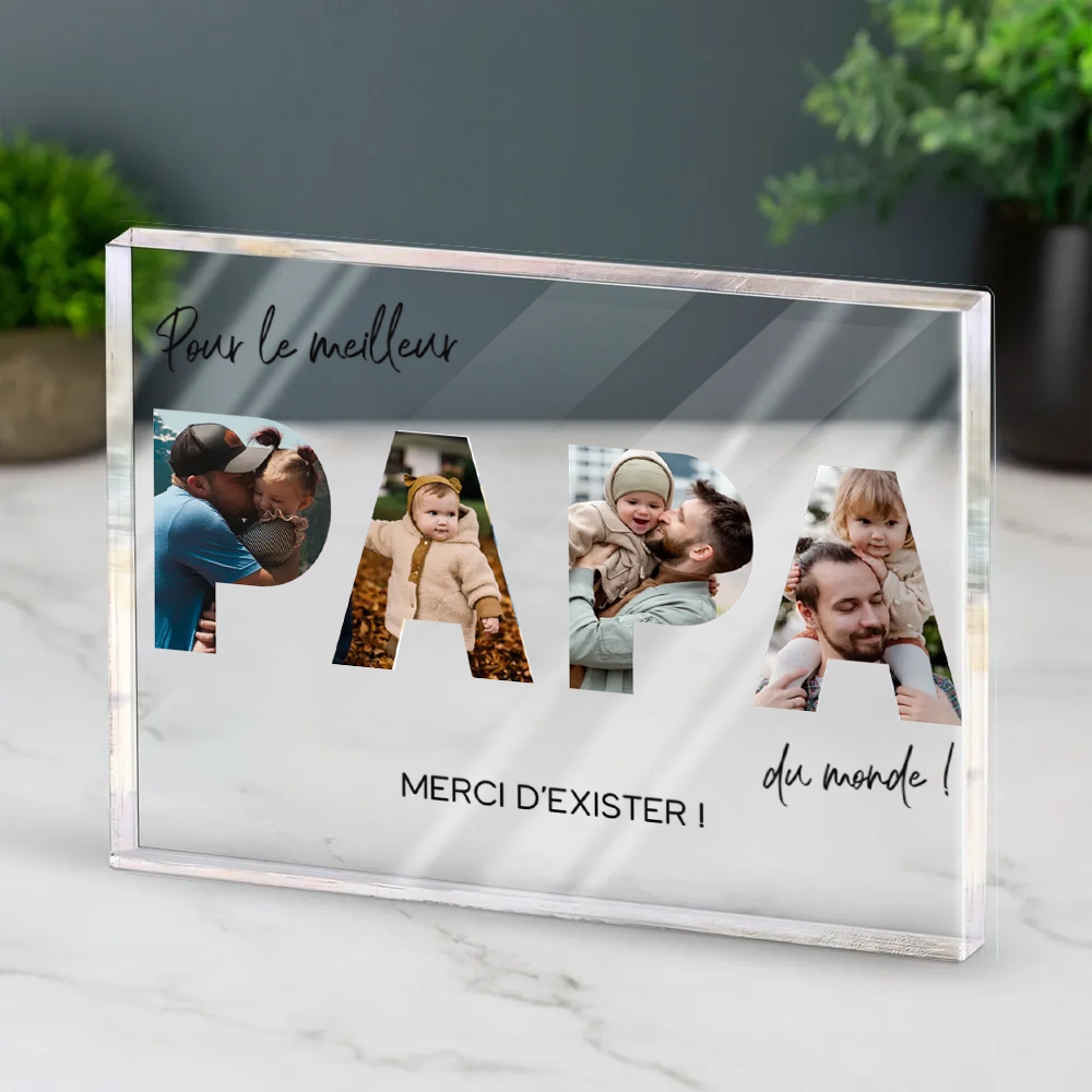 Bloc en acrylique avec photos et texte « Pour le meilleur papa du monde » – Cadeau pour père