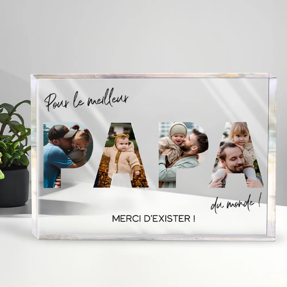 Bloc en acrylique avec photos et texte « Pour le meilleur papa du monde » – Cadeau pour père