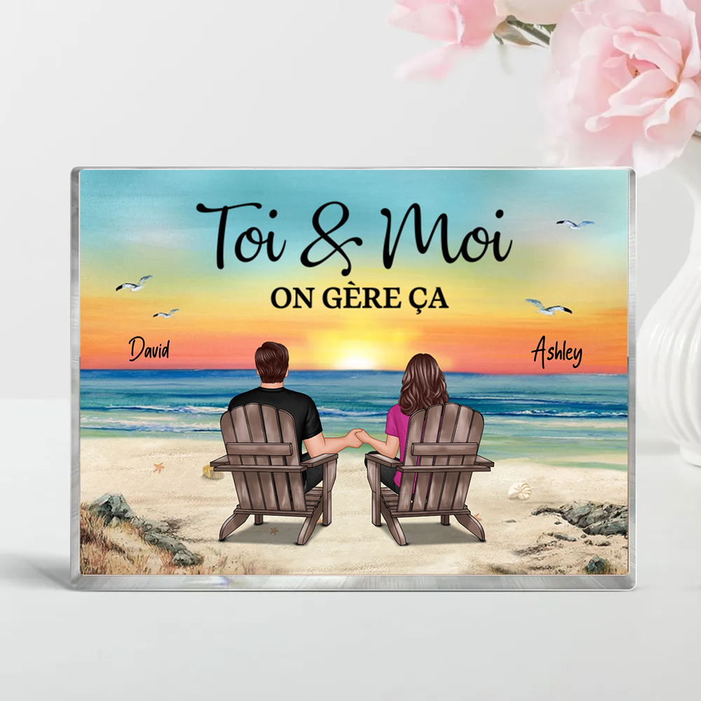 Couple au bord de la mer - Bloc acrylique avec 2 personnes et texte Cadeau pour couple