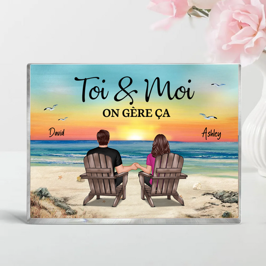 Couple au bord de la mer - Bloc acrylique avec 2 personnes et texte Cadeau pour couple