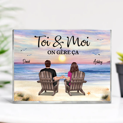 Couple au bord de la mer - Bloc acrylique avec 2 personnes et texte Cadeau pour couple