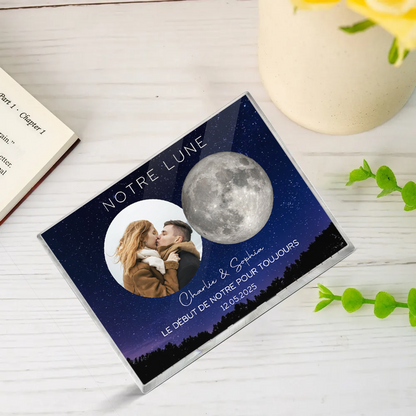 Notre bloc acrylique personnalisé avec phase lunaire et photo, cadeau pour couple