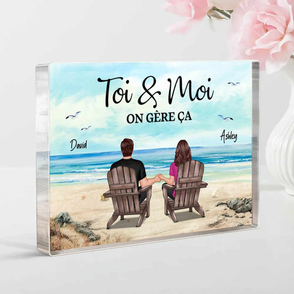 Couple au bord de la mer - Bloc acrylique avec 2 personnes et texte Cadeau pour couple
