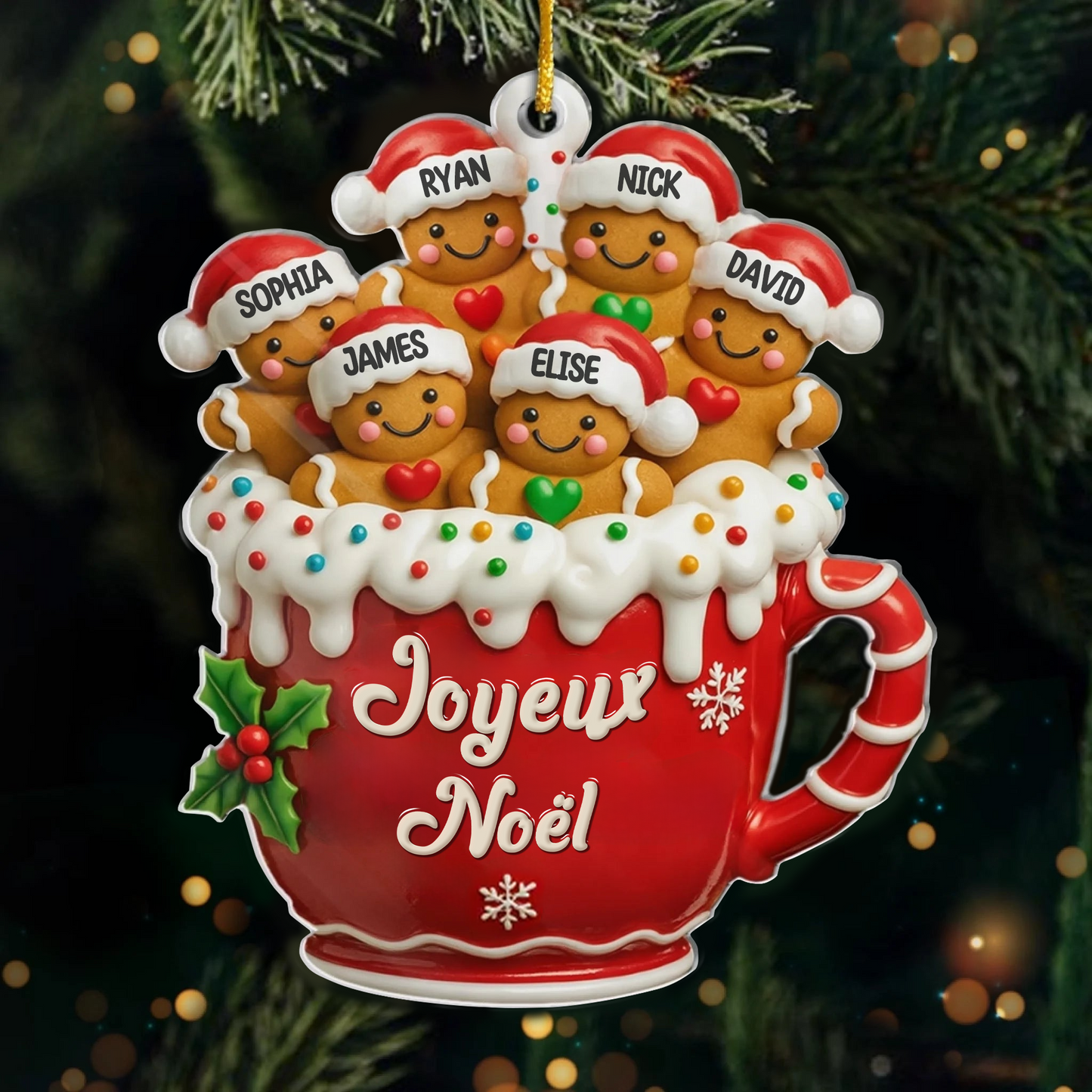 Bonhomme en pain d'épices Orement de Noël en acrylique avec nom et texte