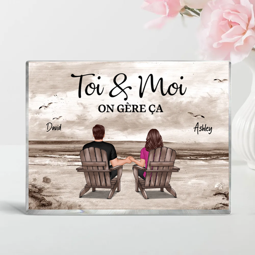 Couple au bord de la mer - Bloc acrylique avec 2 personnes et texte Cadeau pour couple