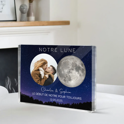 Notre bloc acrylique personnalisé avec phase lunaire et photo, cadeau pour couple