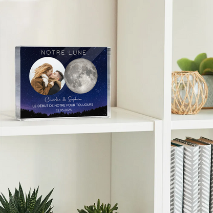 Notre bloc acrylique personnalisé avec phase lunaire et photo, cadeau pour couple
