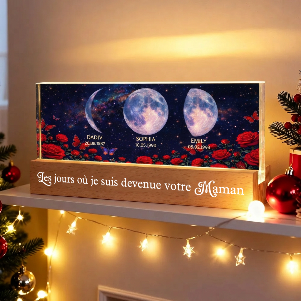 Roses et phases de lune – Veilleuse LED personnalisée avec texte et phases lunaires – Cadeau pour maman et mamie