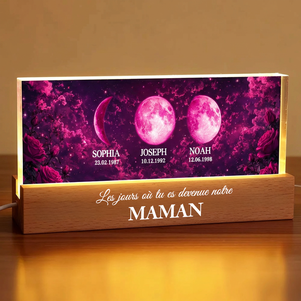 « Ces jours-là, tu es devenue notre maman » – Veilleuse LED personnalisée avec phases de lune et texte