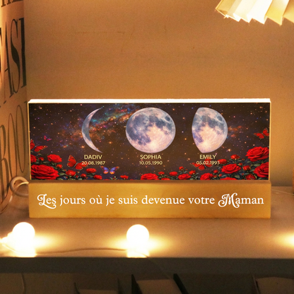Roses et phases de lune – Veilleuse LED personnalisée avec texte et phases lunaires – Cadeau pour maman et mamie