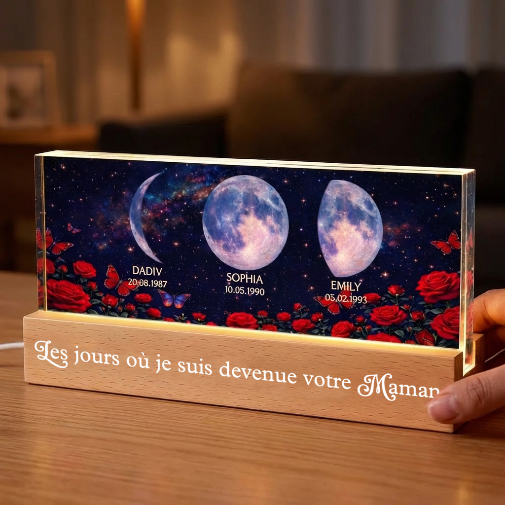 Roses et phases de lune – Veilleuse LED personnalisée avec texte et phases lunaires – Cadeau pour maman et mamie