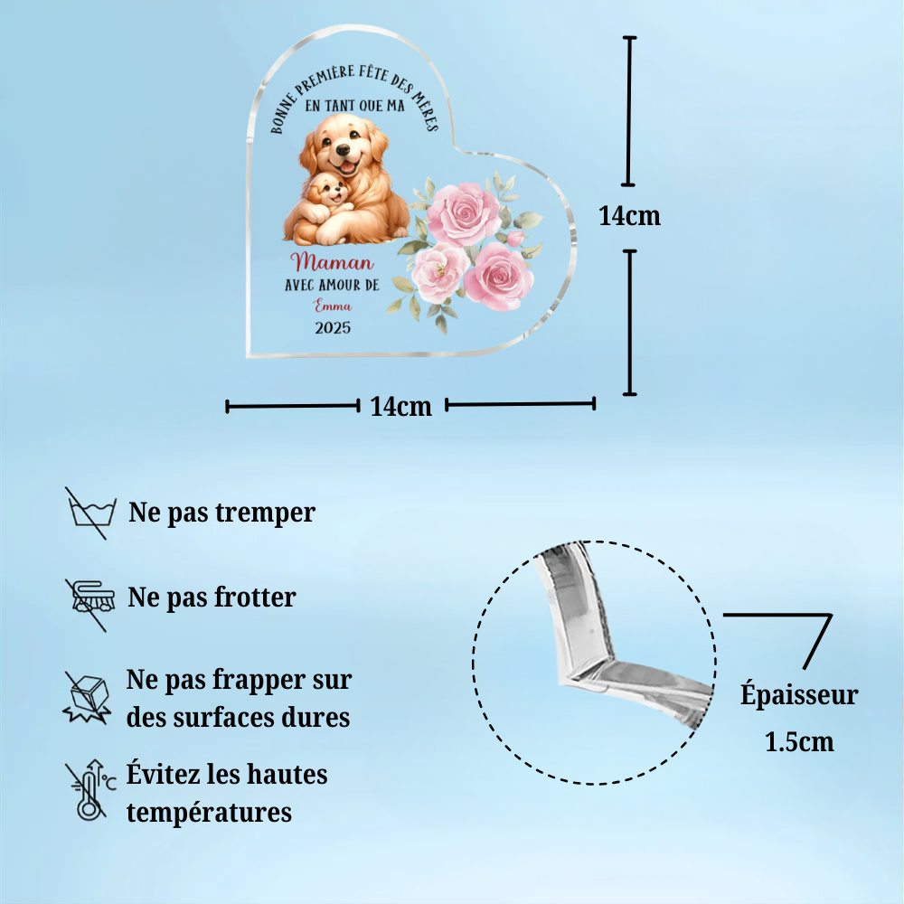 Cœur en acrylique personnalisé avec motif animal – Cadeau pour la Fête des Mères