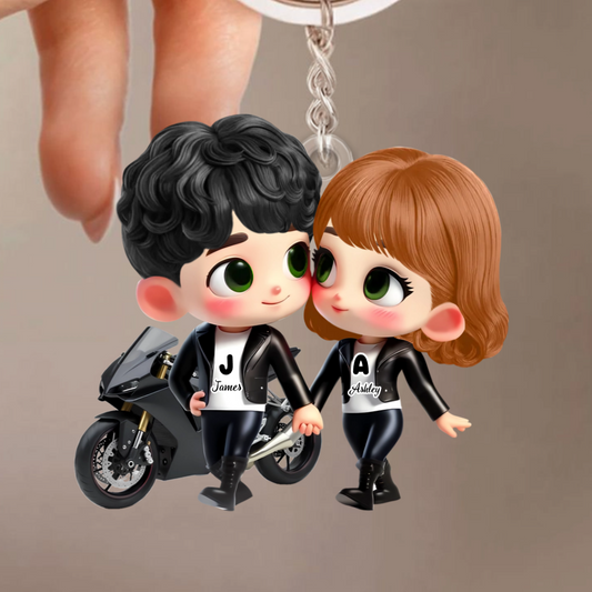 Porte-clés en acrylique Couple à moto – Cadeau pour couple