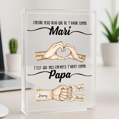 Plaque en acrylique avec mains et poing contre poing – Cadeau pour papa, idée cadeau pour la fête des pères