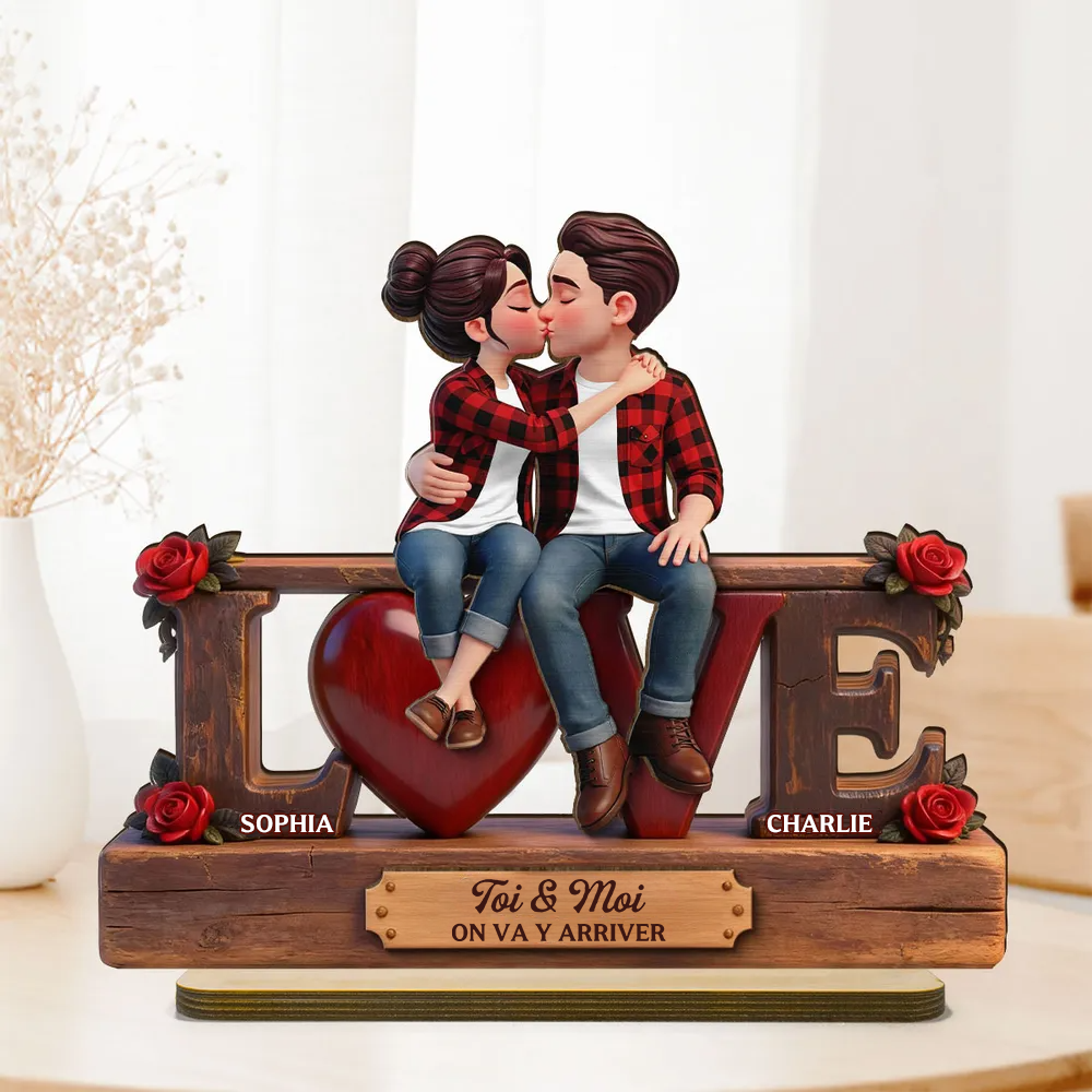 LOVE – Présentoir en bois personnalisé avec couple et texte – Cadeau pour anniversaire de mariage et Saint-Valentin