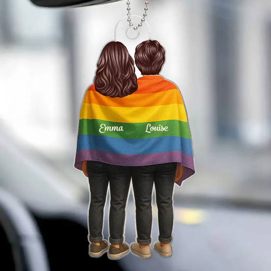 Pendentif en acrylique avec drapeau arc-en-ciel et nom – Cadeau pour couple LGBT