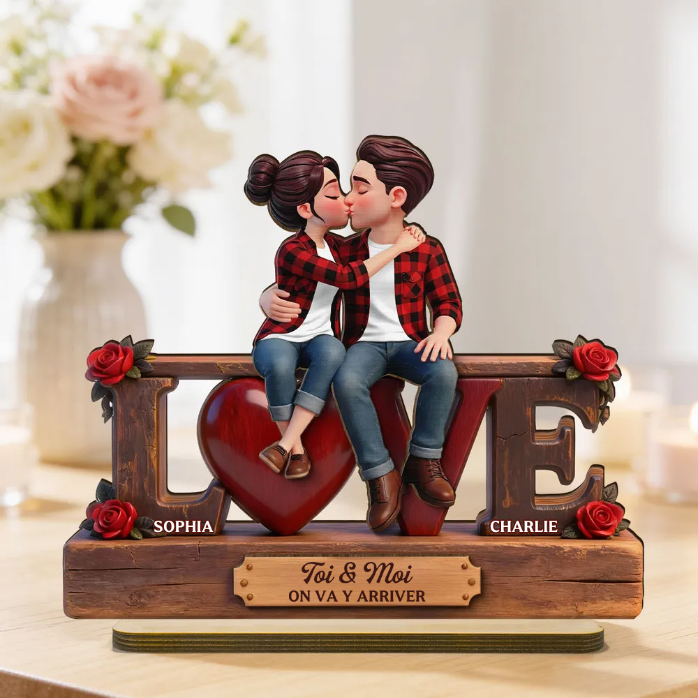 LOVE – Présentoir en bois personnalisé avec couple et texte – Cadeau pour anniversaire de mariage et Saint-Valentin