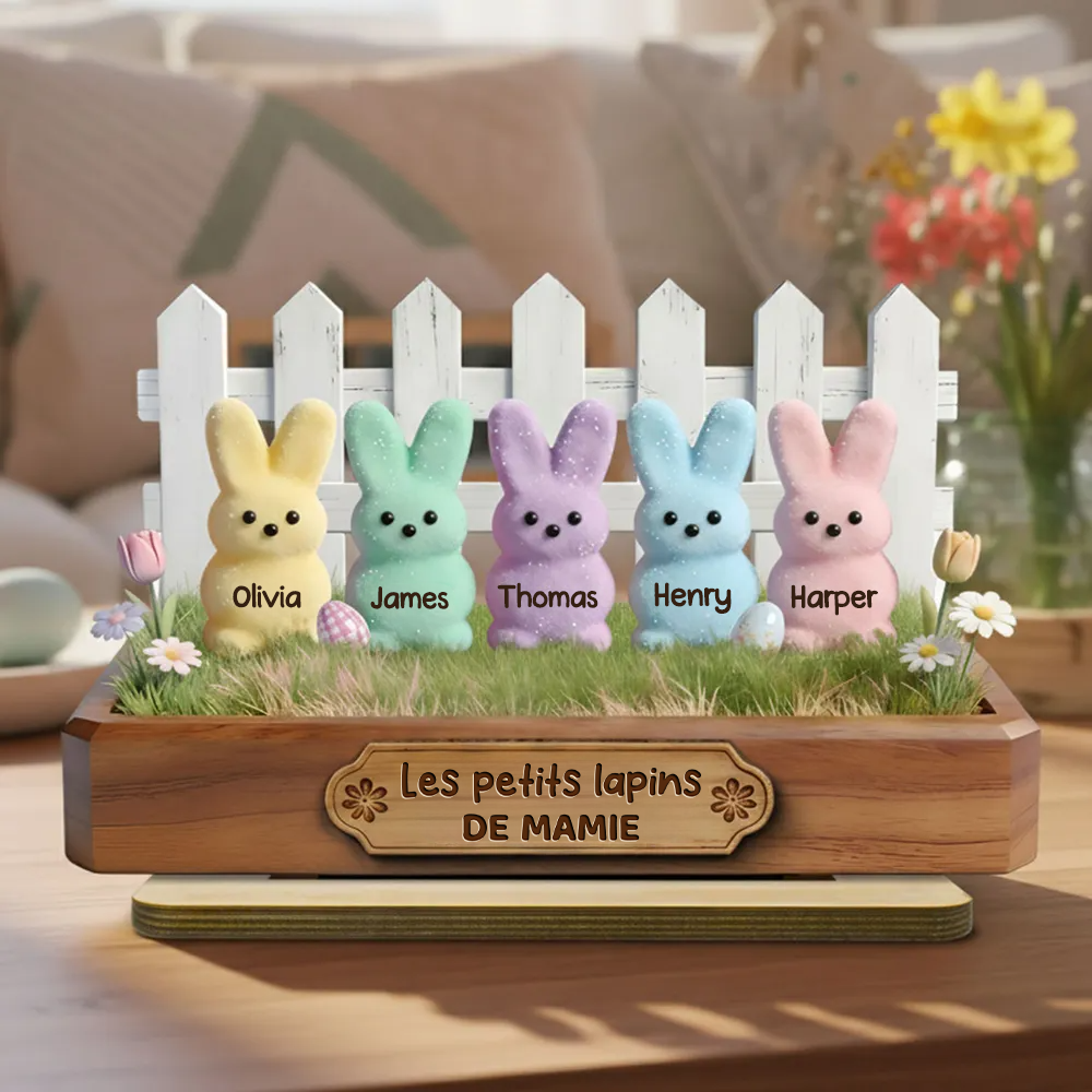 Décoration en bois personnalisé avec lapins – Cadeau pour mamie