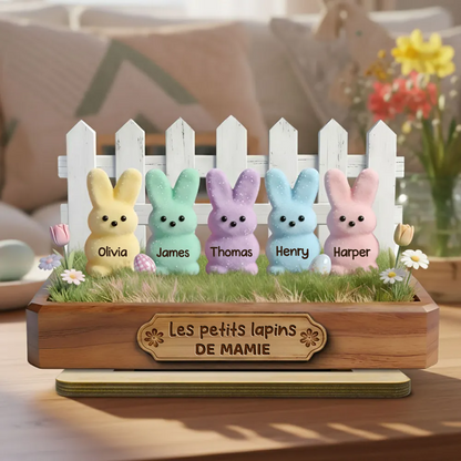 Décoration en bois personnalisé avec lapins – Cadeau pour mamie