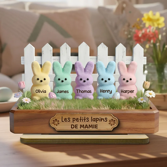 Décoration en bois personnalisé avec lapins – Cadeau pour mamie