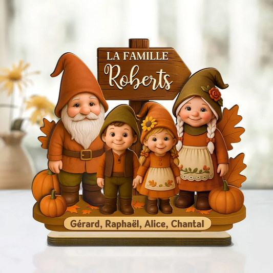 Famille de gnomes saison d’automne – Plaque en bois personnalisée avec noms