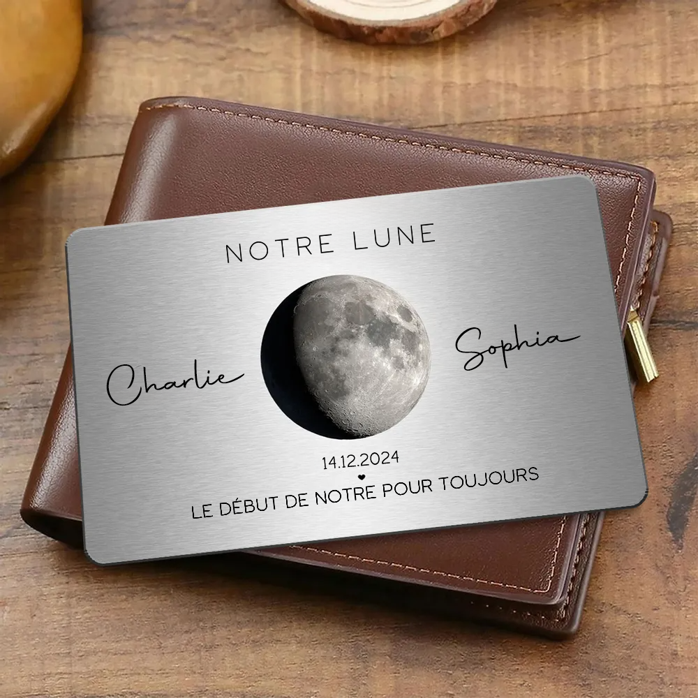 Notre lune - Carte portefeuille personnalisée avec phase lunaire, nom et texte Cadeau pour couple