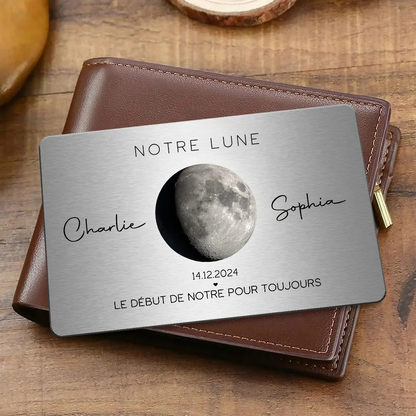 Notre lune - Carte portefeuille personnalisée avec phase lunaire, nom et texte Cadeau pour couple