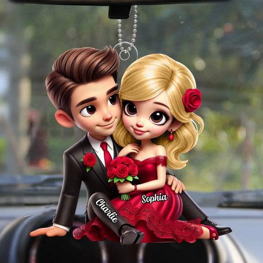 Couple avec bouquet de roses – Pendentif en acrylique personnalisé, cadeau pour couple