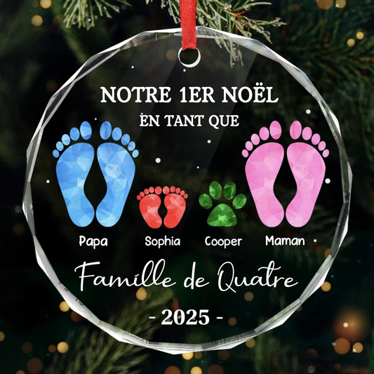 Décoration en verre personnalisée « Notre premier Noël en famille à trois » Ornement de Noël