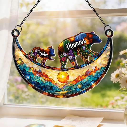 Maman ours / mamie ours avec enfants – Ornement attrape-soleil personnalisé avec prénoms