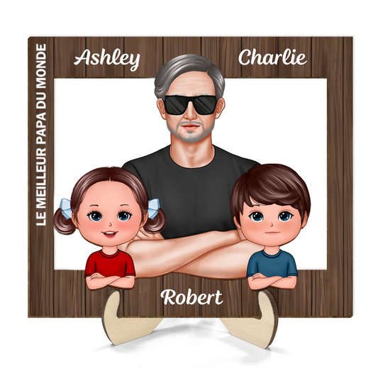 Décoration en bois personnalisé « Meilleur papa du monde » avec papa et enfants – Cadeau pour papa et papi