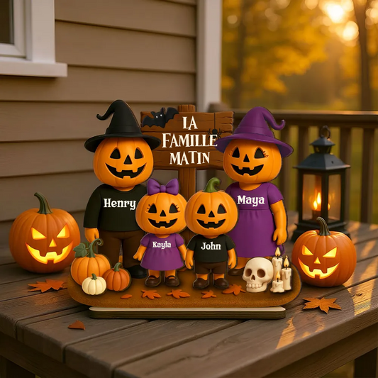 Famille Halloween avec citrouilles – Plaque en bois personnalisée avec noms