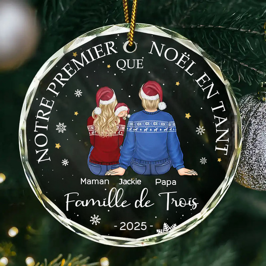 Notre premier Noël en famille... Orement de Noël personnalisée en verre avec bébé, chien et chat