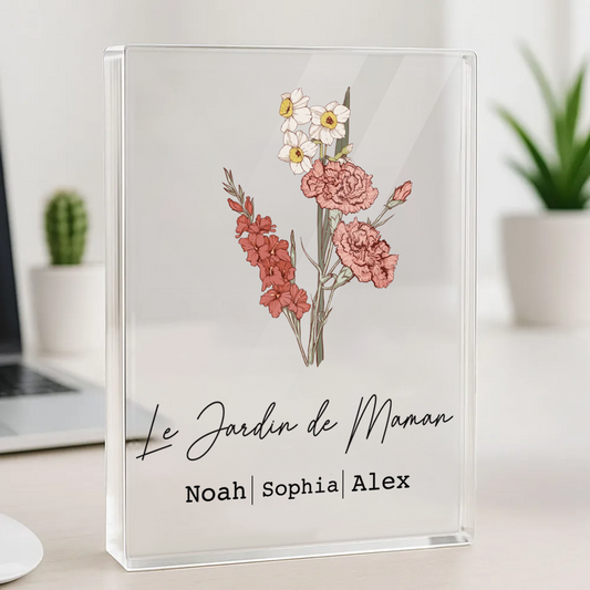 Bloc en acrylique personnalisé avec bouquet de fleurs de naissance, texte et prénoms – Cadeau pour maman et mamie