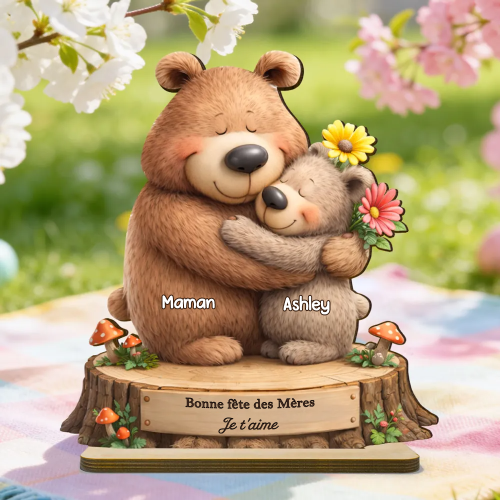 Présentoir en bois personnalisé avec motif d’ours – Cadeau pour maman et mamie