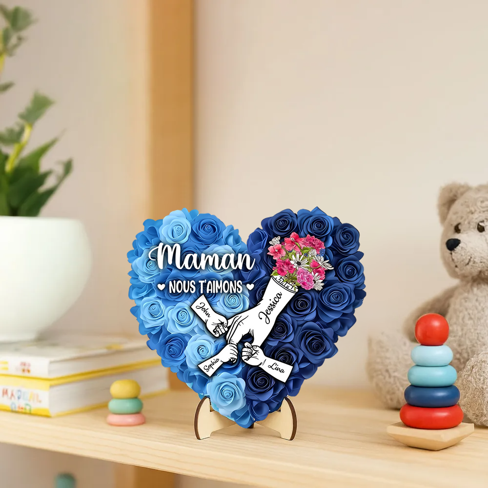 Décoration en bois personnalisé « Main dans la main » avec roses – Cadeau pour maman et mamie