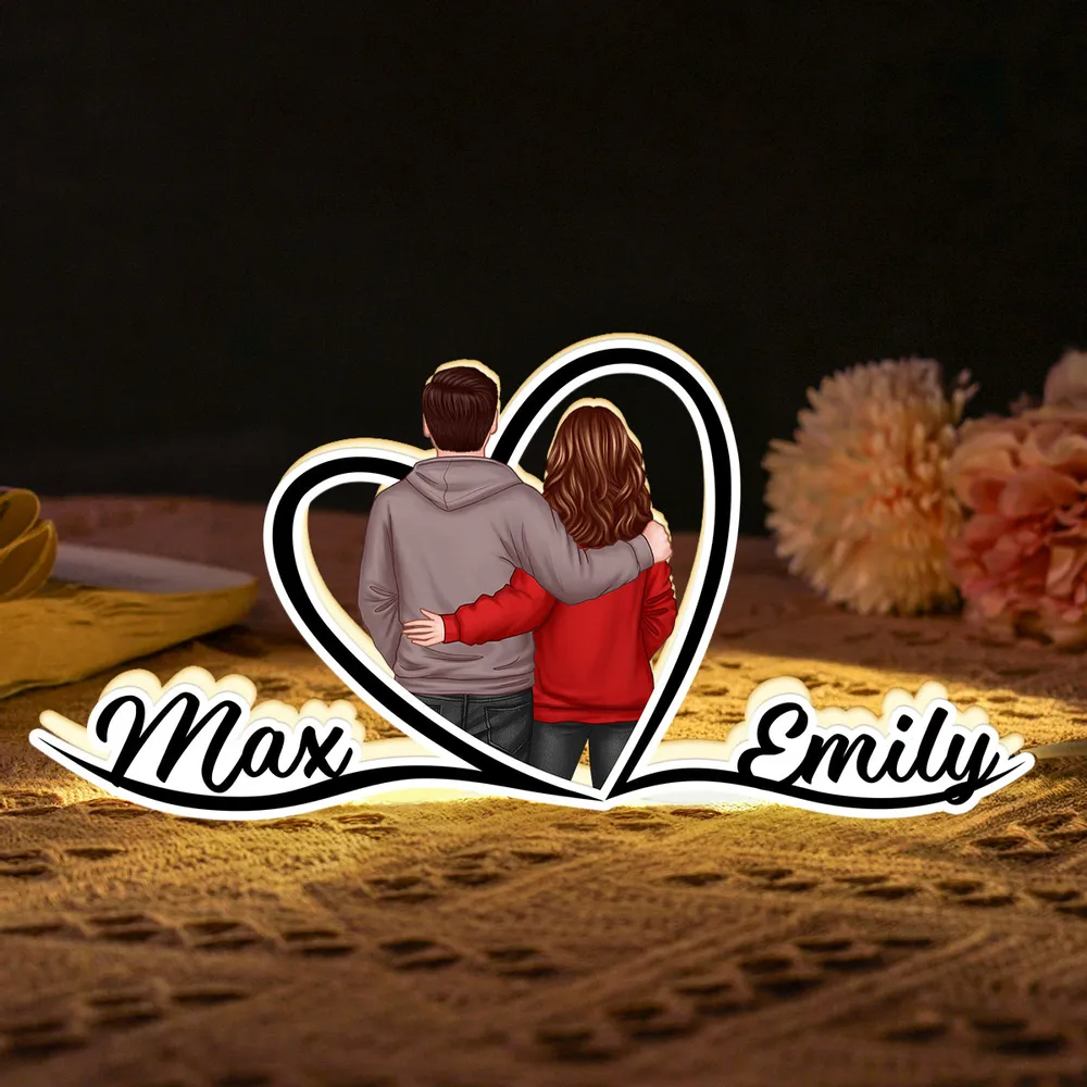Couple avec cœur - Boîte lumineuse personnalisée avec noms et personnages - Cadeau pour la Saint-Valentin